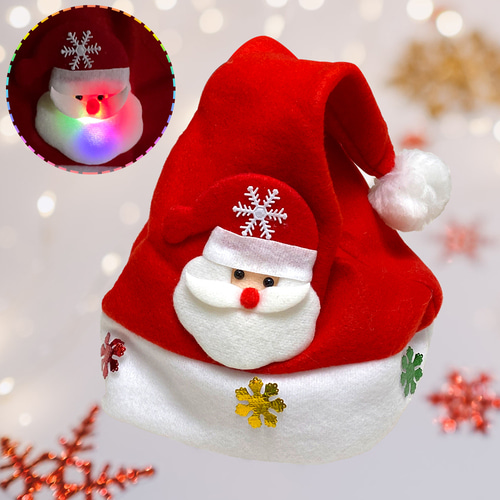 (당일배송) 고급 LED 패브릭 산타모자 산타얼굴에 불이 반짝반짝 눈꽃 장식