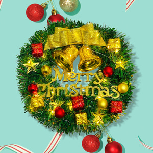 (당일배송) 크리스마스 리스30cm + 조명 + 후크 골드리본 선물상자 전구가랜드포함 JB