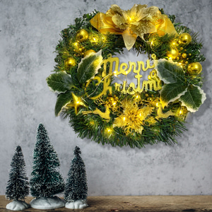 (당일배송) 크리스마스 리스30cm + 조명 + 후크 골드리본 꽃장식 전구가랜드포함 SL